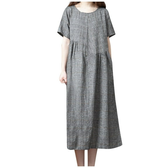 Fengqque Plus Size Women's Summer Dresses Loose Fit Flowing Pleats Bohemian Elegant Girls Doll Dresses Sunny Beach Party Plaid Lady Elegant Loose Large Casual Dress