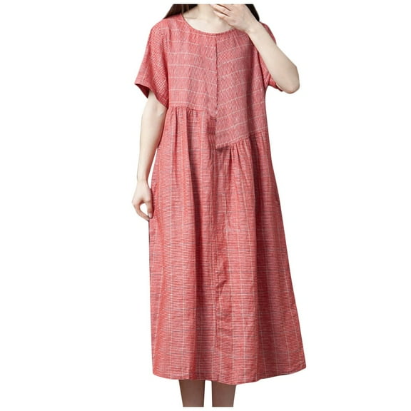 Fengqque Plus Size Women's Summer Dresses Loose Fit Flowing Pleats Bohemian Elegant Girls Doll Dresses Sunny Beach Party Plaid Lady Elegant Loose Large Casual Dress