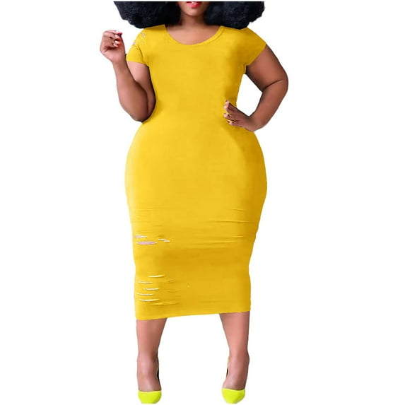 Fengqque Plus Size Women's Summer Dresses Loose Fit Flowing Pleats Bohemian Elegant Girls Doll Dresses Sunny Beach Party Plus Size Solid Color Ripped Short Sleeve Dress