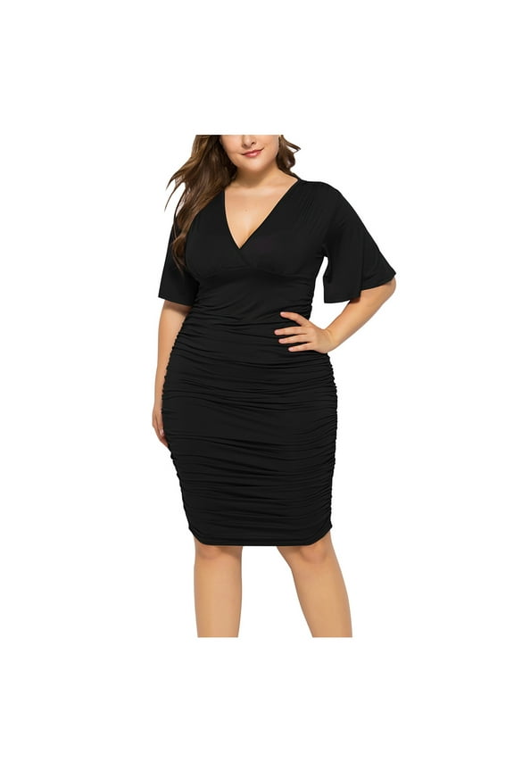 Plus Size Women's Summer Dresses Loose Fit Flowing Pleats Bohemian Elegant Girls Doll Dresses Sunny Beach Party Sexy Plus Size V Neck Long Flare Sleeve Solid Dress