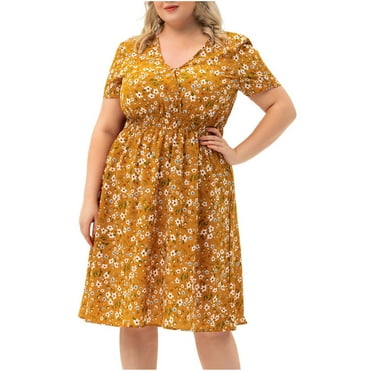 Fengqque Plus Size Women's Summer Dresses Loose Fit Flowing Pleats Bohemian Elegant Girls Doll Dresses Sunny Beach Party V-Neck Strapless Solid Short Sleeve Dress Casual Loose Dress