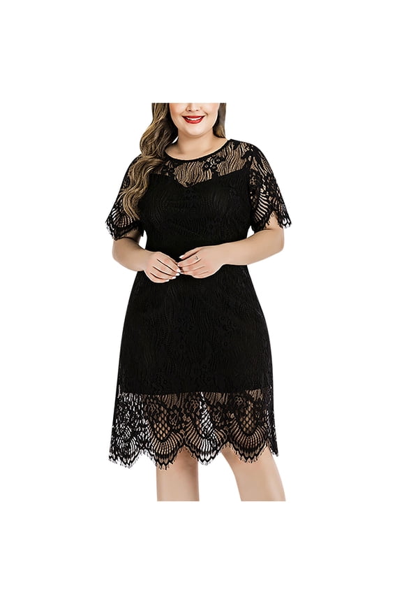 Plus Size Women's Summer Dresses Loose Fit Flowing Pleats Bohemian Elegant Girls Doll Dresses Sunny Beach Party Casual Plus Size Round Neck Short Sleeve Lace Solid Knee Length Dress