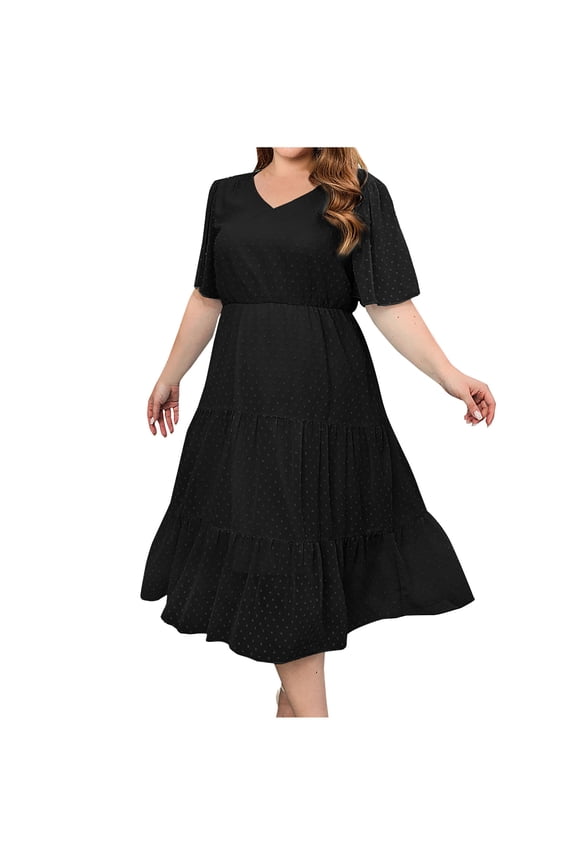 Plus Size Women's Summer Dresses Loose Fit Flowing Pleats Bohemian Elegant Girls Doll Dresses Sunny Beach Party Loose Casual Round-Neck Solid Short Sleeve Mid-Length Sleeve Size Dress