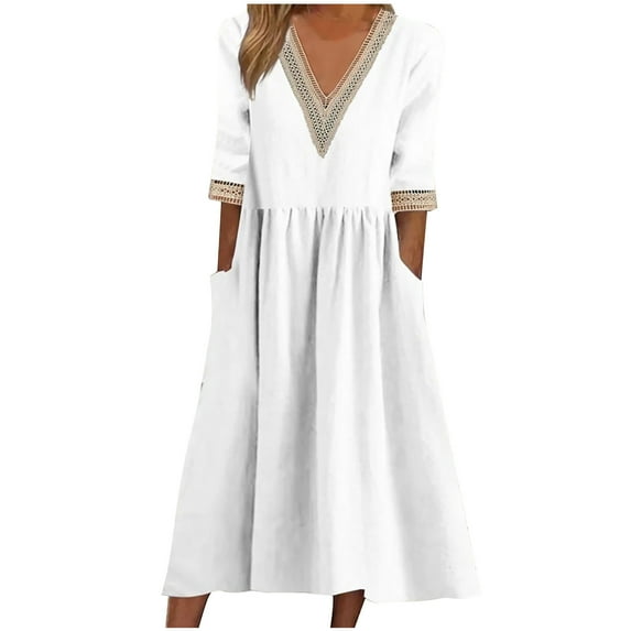 Fengqque Plus Size Women's Summer Dresses Loose Fit Flowing Pleats Bohemian Elegant Girls Doll Dresses Sunny Beach Party Large Loose Cotton Linen Lace Collar Five Quarter Sleeve Medium Length Dress