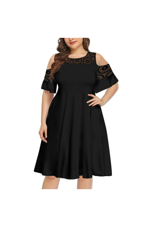 Plus Size Women's Summer Dresses Loose Fit Flowing Pleats Bohemian Elegant Girls Doll Dresses Sunny Beach Party Solid Color Round-Neck Sexy Lace Short Sleeve Loose Pullover Dress