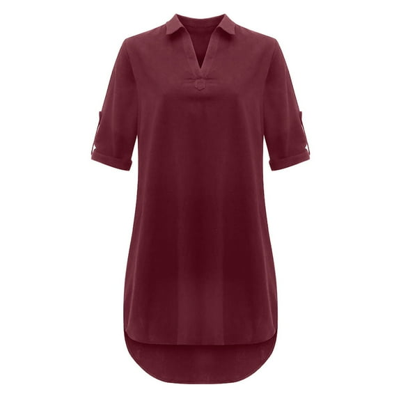 Fengqque Plus Size Women's Summer Dresses Loose Fit Flowing Pleats Bohemian Elegant Girls Doll Dresses Sunny Beach Party Solid Linen Turn Down Collar Loose Shirt Dress