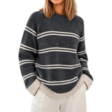 Fengqque Relaxed Women Crew Neck Knit Fashion Top Retro Striped ...