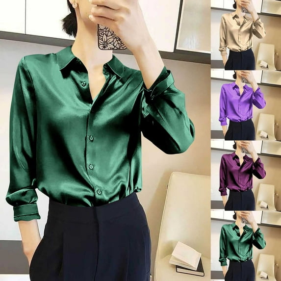 Fengqque Satin Blouses for Women Silk Button Down Shirts Long Sleeve Lapel Business Casual Tops Purple XL(XL)