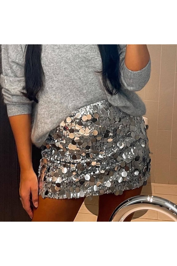 Sequin Mermaid Skirt Sparkly Costume Belly Dance Mini Skirts for Women Bodycon Skirt Silver XS(XS)