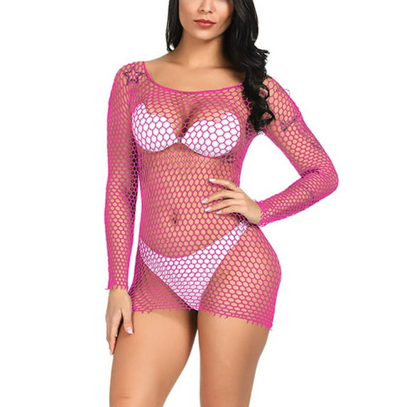 Fengqque Sexy Womens Lingerie Fishnet Seamless Mesh Netting Chemise Hollow Out Perspective Babydoll Dress Sleepwear Nightwear Nightdress
