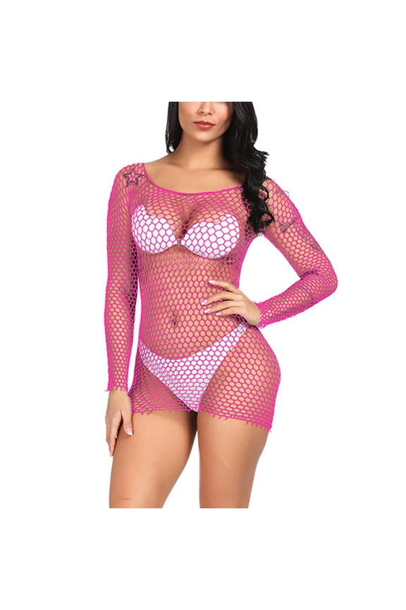 Sexy Womens Lingerie Fishnet Seamless Mesh Netting Chemise Hollow Out Perspective Babydoll Dress Sleepwear Nightwear Nightdress