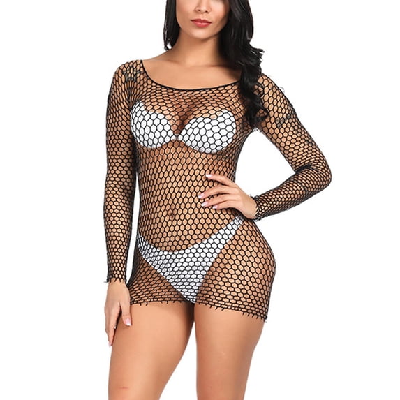 Fengqque Sexy Womens Lingerie Fishnet Seamless Mesh Netting Chemise Hollow Out Perspective Babydoll Dress Sleepwear Nightwear Nightdress