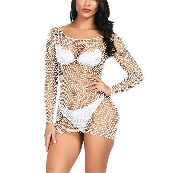 Fengqque Sexy Womens Lingerie Fishnet Seamless Mesh Netting Chemise Hollow Out Perspective Babydoll Dress Sleepwear Nightwear Nightdress