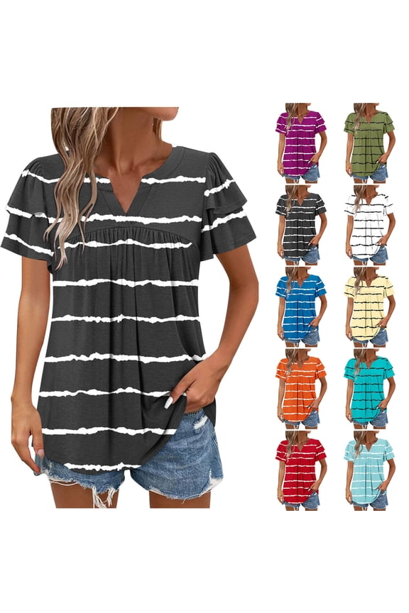 Short Sleeve Shirts for Women Striped Print Tops Dressy Casual Summer Flutter Sleeve T-Shirts Trendy Ruffle Short Sleeve Loose V-Neck Tunic Tops Women's Top White-B XL(XL)