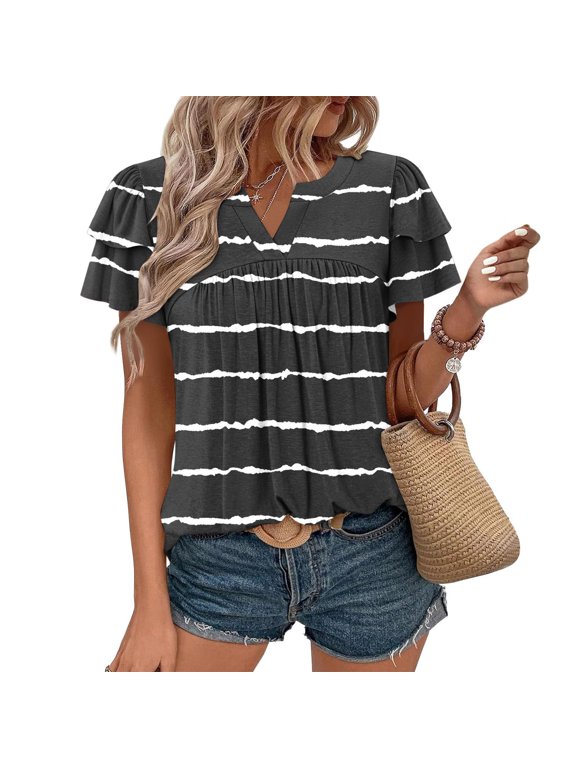 Short Sleeve Shirts for Women Striped Print Tops Dressy Casual Summer Flutter Sleeve T-Shirts Trendy Ruffle Short Sleeve Loose V-Neck Tunic Tops Women's Top Black-B M(M)
