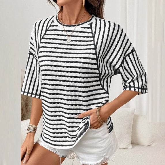 Fengqque Short Sleeve for Women Summer Tops Crew Neck Striped Print Loose Basic Tshirts Shirts Black XXL(XXL)