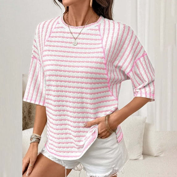 Fengqque Short Sleeve for Women Summer Tops Crew Neck Striped Print Loose Basic Tshirts Shirts Pink XL(XL)