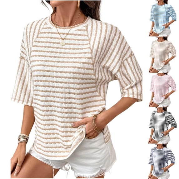 Fengqque Short Sleeve for Women Summer Tops Crew Neck Striped Print Loose Basic Tshirts Shirts Sky Blue XL(XL)