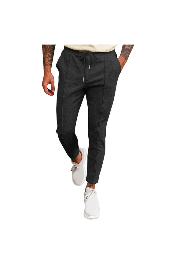 Spring and Autumn Men's Solid Color Pocket Sports Waffle Tie Rope Pants Tapered Pants Black 8(L)