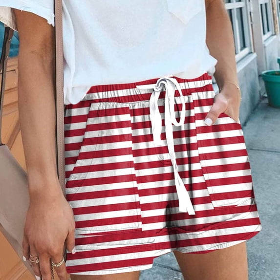 Fengqque Striped Shorts for Women High Waisted Elastic Waist Drawstring Summer Shorts with Pockets Red XXL(XXL)