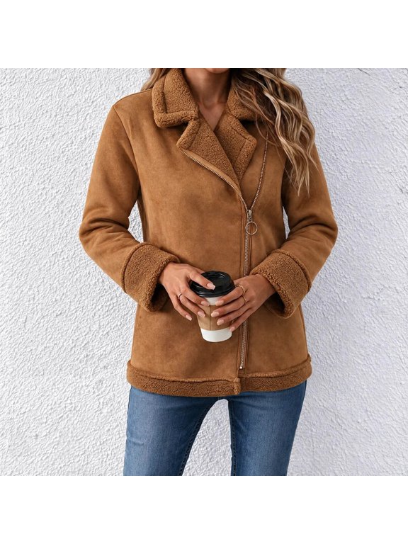 Suede Shearling Winter Coat for Women, Mid‑Length Long Leeve Asymmetric Zipper Lapel Faux Suede Warm Jacket with Pocket
