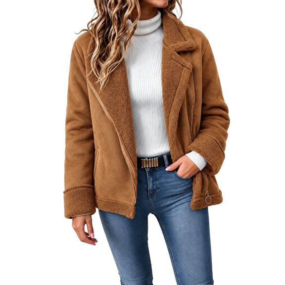 Fengqque Suede Shearling Winter Coat for Women, Mid‑Length Long Leeve Asymmetric Zipper Lapel Faux Suede Warm Jacket with Pocket