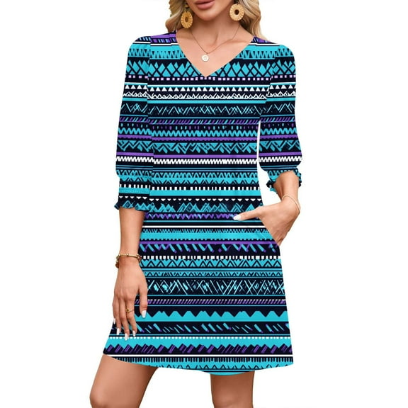 Fengqque Summer Dresses for Women V Neck T Shirt Dresses 3/4 Sleeves Retro Print Loose Waist-cinching Women's Casual Dresses Blue-G XL(XL)