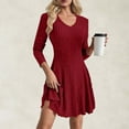 thumbnail image 1 of Fengqque Summer Dresses for Women V Neck T Shirt Dresses Rib Knitting Long Sleeve Waist-cinching Slim Fit Women's Casual Dresses Red XL(XL), 1 of 8