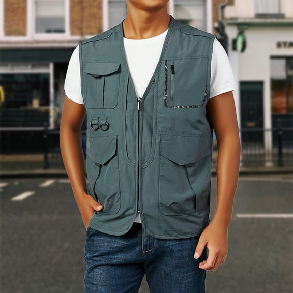 Fengqque Summer Men's Casual Fashion Solid Color Sleeveless V-neck Vest Sleeveless Casual Jacket Multi-pocket Green XXXL(XXXL)