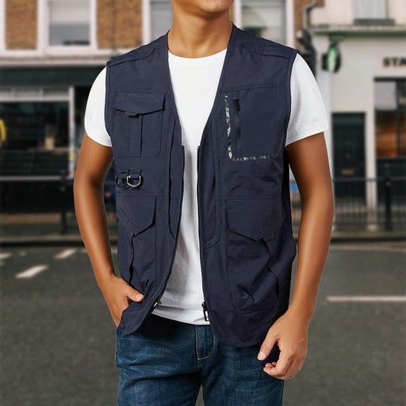 Fengqque Summer Men's Casual Fashion Solid Color Sleeveless V-neck Vest Sleeveless Casual Jacket Multi-pocket Navy L(L)