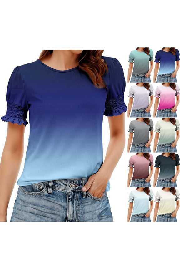 Summer Short Sleeve Shirts for Women Gradient Color Crewneck Casual Tops Loose Work Blouses Yellow XL(XL)