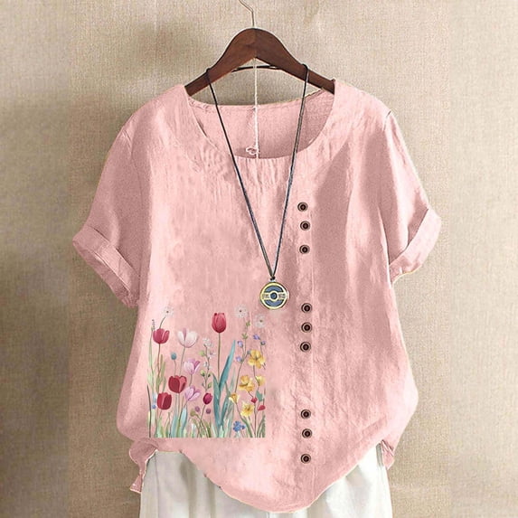 Fengqque Summer Tops for Women Boho Printing Blouses Short Sleeve Shirts Round Neck Button Loose Women's T-shirt Pink-B XXXXL