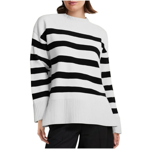 Fengqque Sweaters for Women Crewneck Long Sleeve Striped Color Block Loose Knit Pullover Sweater Tops White M(M)