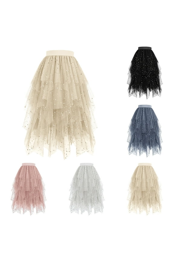 Tulle Skirts for Women, High Waist Glitter Layered Puffy Fairy Skirt Midi Skirt A-line Irregular Hemline Tutu Skirts White XL(XL)