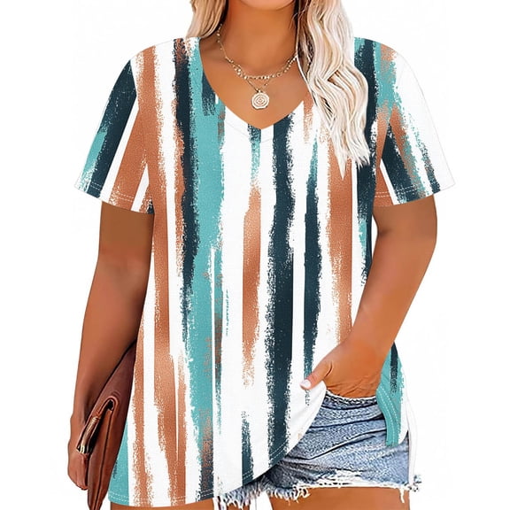 Fengqque V Neck Basic T Shirts for Women Plus Size Tops for Women Summer Top Loose Fit Striped Print Tee Shirts V Neck Short Sleeve Blouse Women's Top Blue-C XXL(XXL)