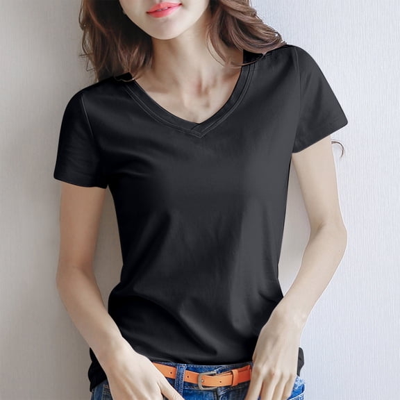 Fengqque V Neck Basic T Shirts for Women Short Sleeve Summer Trendy Tops Solid Casual slim fit Tee Shirt Black S(S)