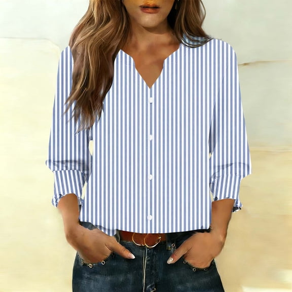 Fengqque V Neck Button Cardigan for Women 3/4 Length Sleeve Summer Elastic Cuffs Casual Comfort Blouses Light Blue-C XL(XL)