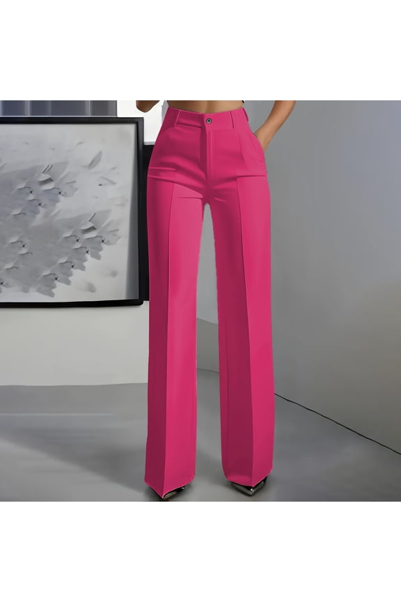 Wide Leg Pants Women's High Elastic Waisted in the Back Business Work Trousers Button Straight Suit Pants Hot Pink S(S)