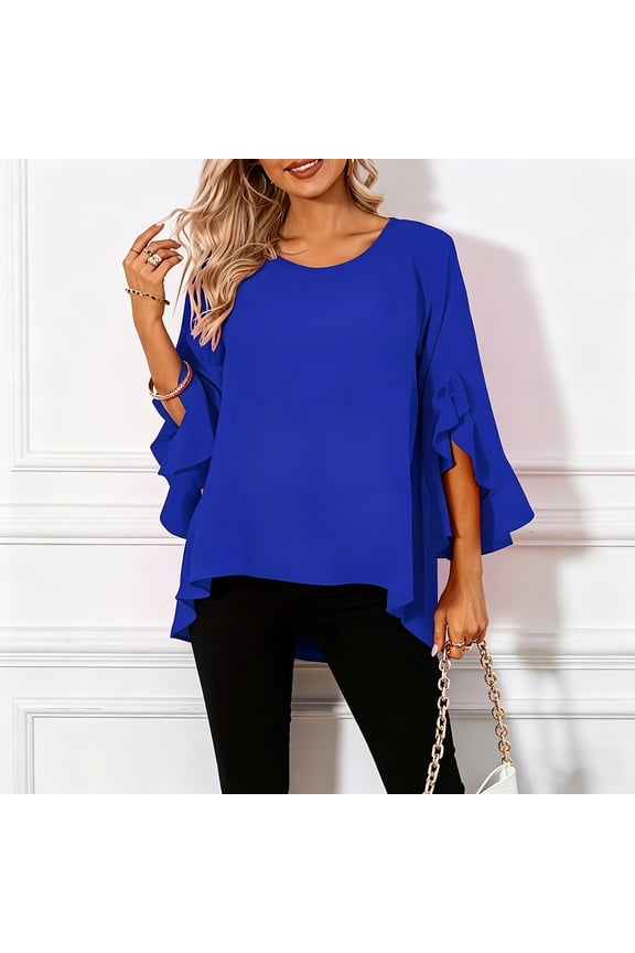 Women Blouse Round Neck Side Slit Double Ruffle Three Quarter Sleeve Loose Irregular Front Short Back Long Hem Casual Top Blue M