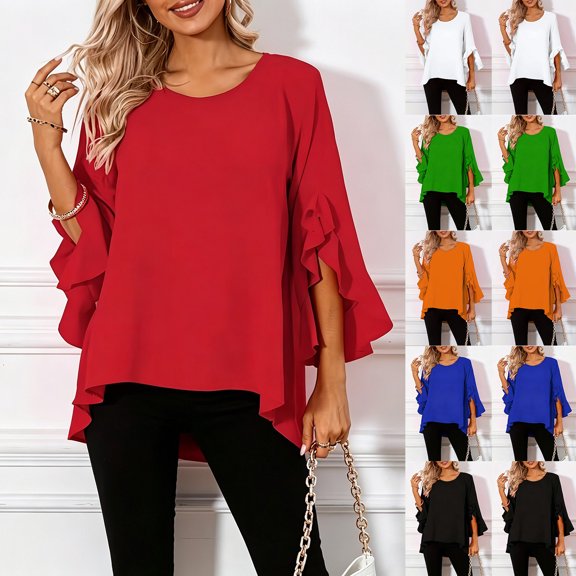 Fengqque Women Blouse Round Neck Side Slit Double Ruffle Three Quarter Sleeve Loose Irregular Front Short Back Long Hem Casual Top White XL