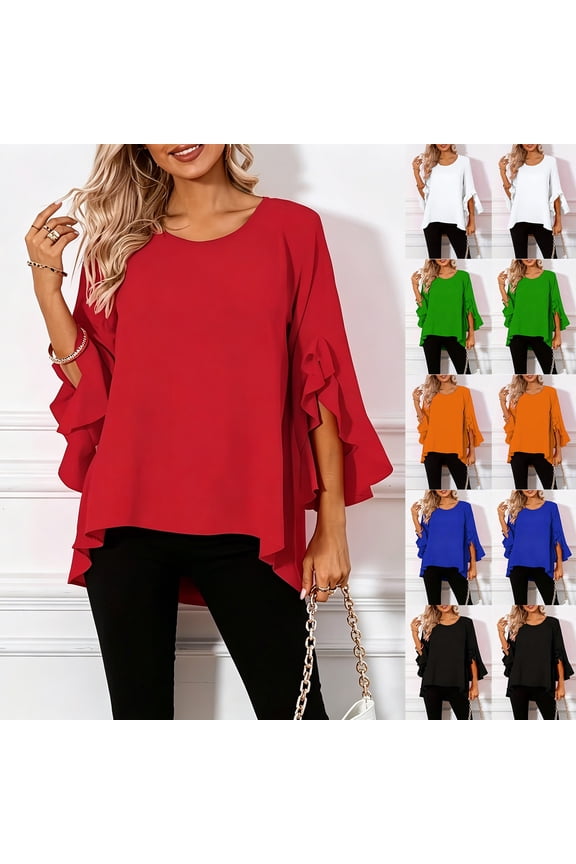 Women Blouse Round Neck Side Slit Double Ruffle Three Quarter Sleeve Loose Irregular Front Short Back Long Hem Casual Top White XL