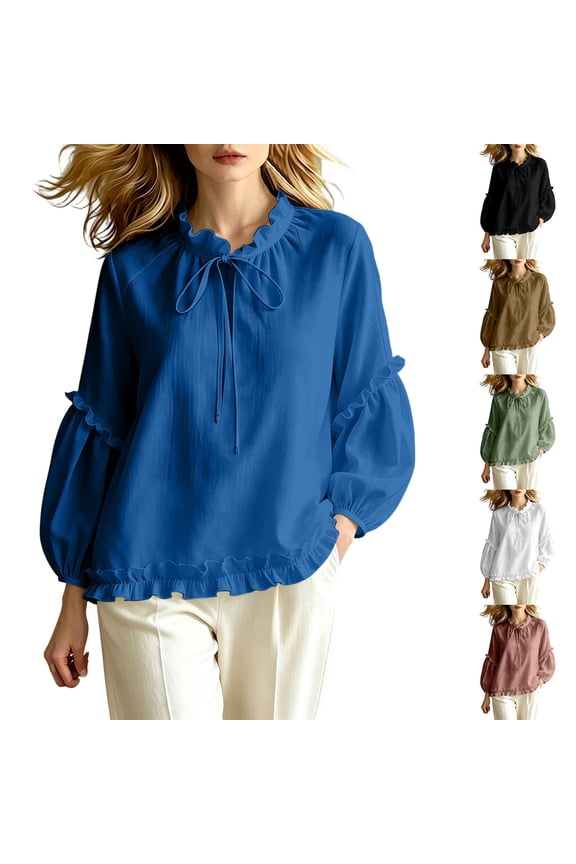 Women Blouse Ruffle Elastic Neck Tie Dstring Raglan Lantern Sleeve Hem Frill Trim Loose Casual Top White XL