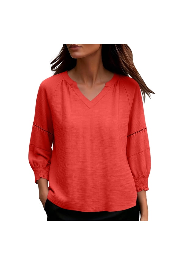 Women Blouse V Neck Raglan Sleeve Hollow Eyelet Elastic Ruffle Cuff Loose Breathable Casual Top Watermelon Red M