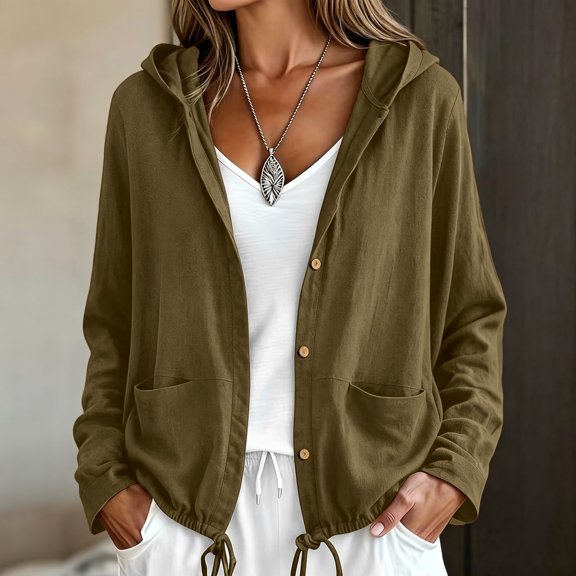 Fengqque Women Casual cotton Blend Hooded Jacket Button Adjustable Drawstring Hem Long Sleeve Relaxed Fit Lightweight Outer Shacket Army Green Free Size