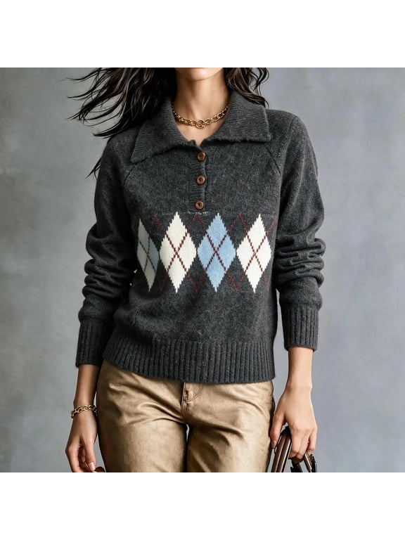 Women Collared Half Button Soft Knit Sweater Argyle Diamond Pattern Long Sleeve Preppy Casual Pullover Jumper