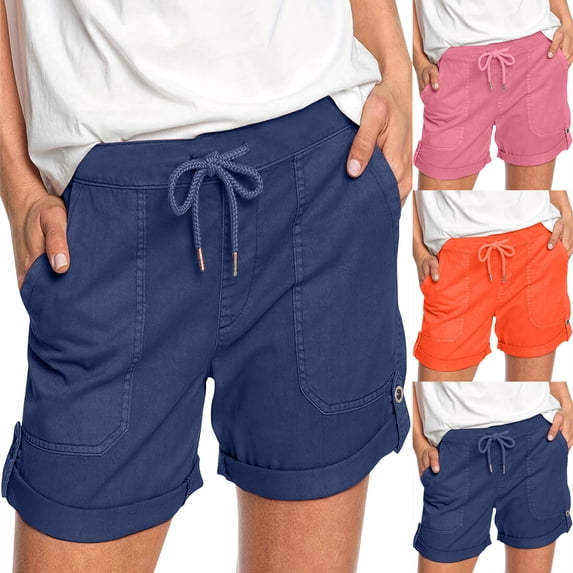 Fengqque Women Comfy Drawstring Casual Elastic Waist Pure Color Shorts Summer Beach Lightweight Short Pants with Pockets Pink XL(XL)