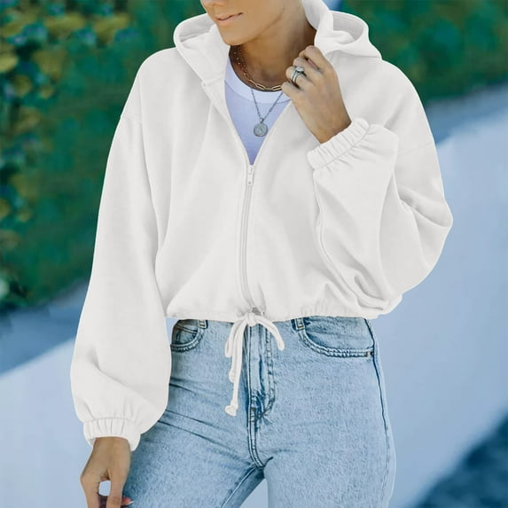 Fengqque Women Crop Top Sweatshirt Fleece Zipper Long Sleeve Cropped Hoodie Solid Sweater Blouse Coat