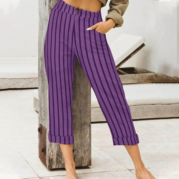 Fengqque Women Elastic Waist Striped Capri Pants Y2K Wide Leg Striped Print Trousers Striped Lounge Pants with Pockets Purple 6(M)
