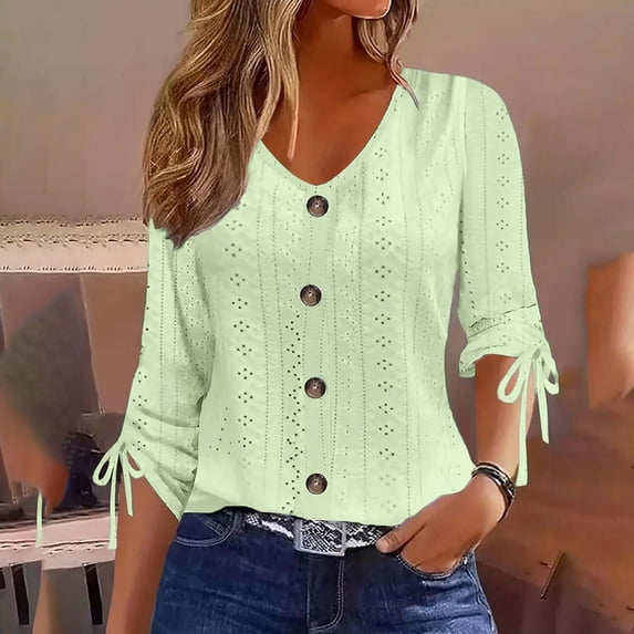 Fengqque Women Eyelet Hollow Three Quarter Sleeve Top V Neck Buttons Tie Cuff Slim Breathable Blouse Green XXL