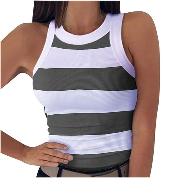 Fengqque Women Fashion O-Sleeveless Stripe Print Vest Sport Tank Tops Causel Blouse